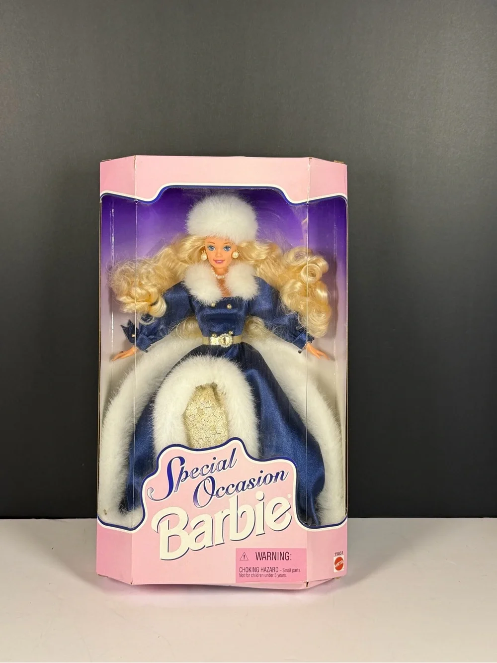 NIB Vintage 1996 Special Occasion Barbie Blue Fur Gown